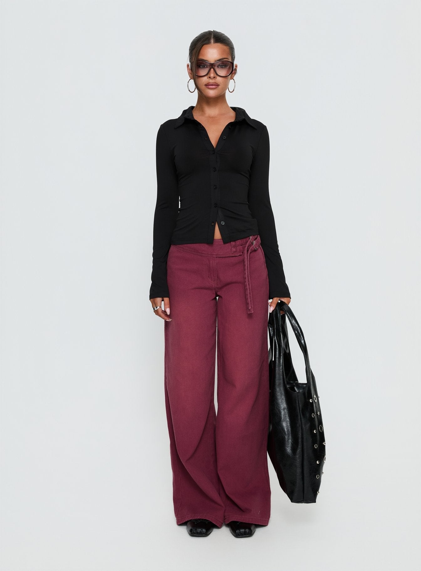 Boxie Mid Rise Wide Leg Jeans Washed Burgundy