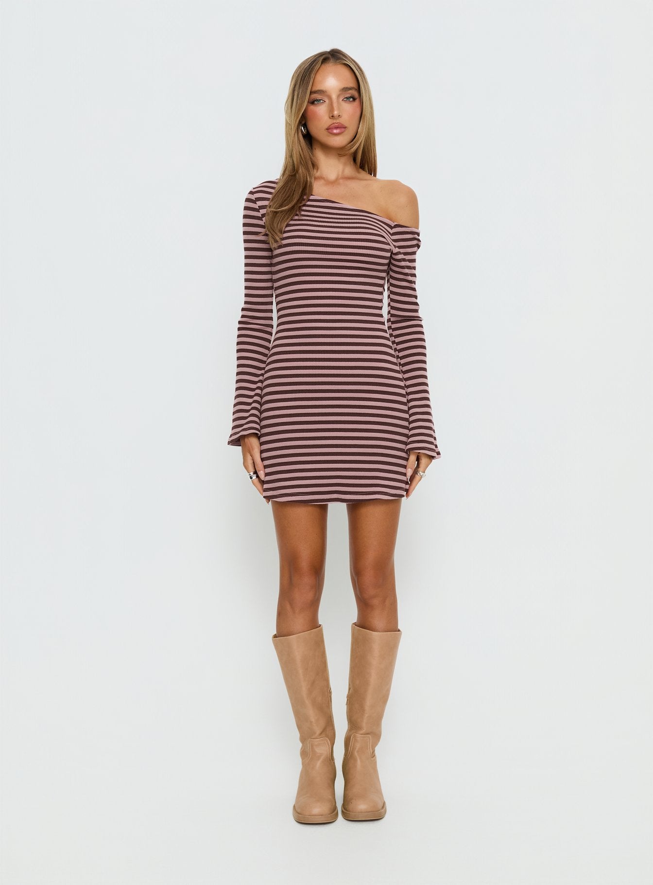 Adrietta Long Sleeve Off Shoulder Knit Mini Dress Chocolate / Pink Stripe