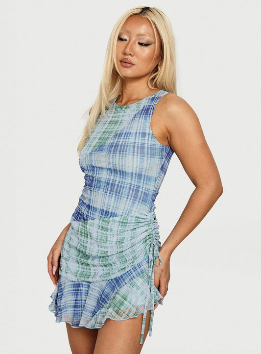 Timelapse Asymmetrical Splice Mini Dress Blue / Green Plaid